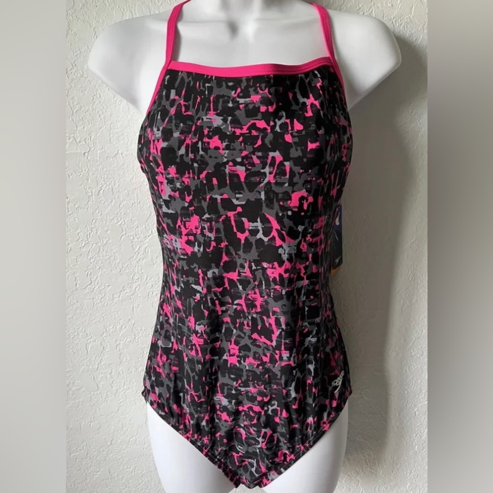 SPEEDO SWIMSUIT RACER BACK w BRA pink & Black Size 10 NEW WITH TAGS